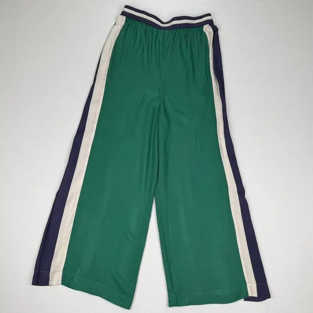 Farm Rio x Anthropologie Green Navy Wide Leg Track Pants Striped Drawstring S - Picture 6 of 16